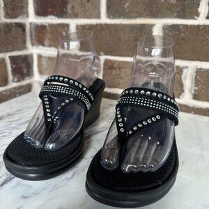 Skechers Memory Foam Black Wedge Rhinestone Embellished Sandals 6 M